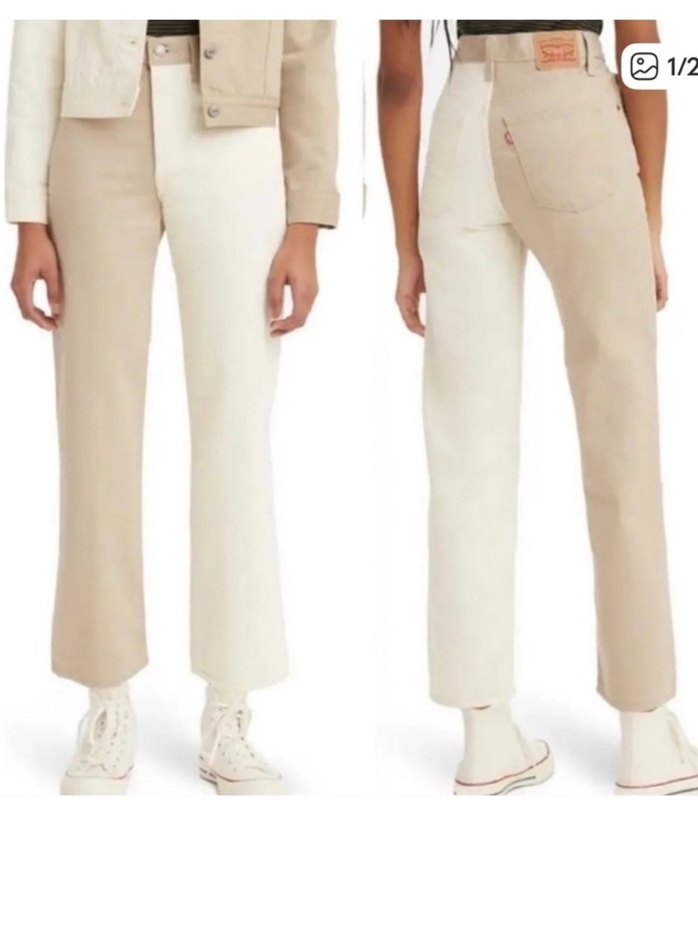 Levi 501 Two-Tone Split Straight Leg Jeans - Beige & Cream